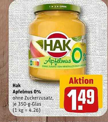 Hak Apfelmus 0% ohne Zuckerzusatz, je 350-g-Glas