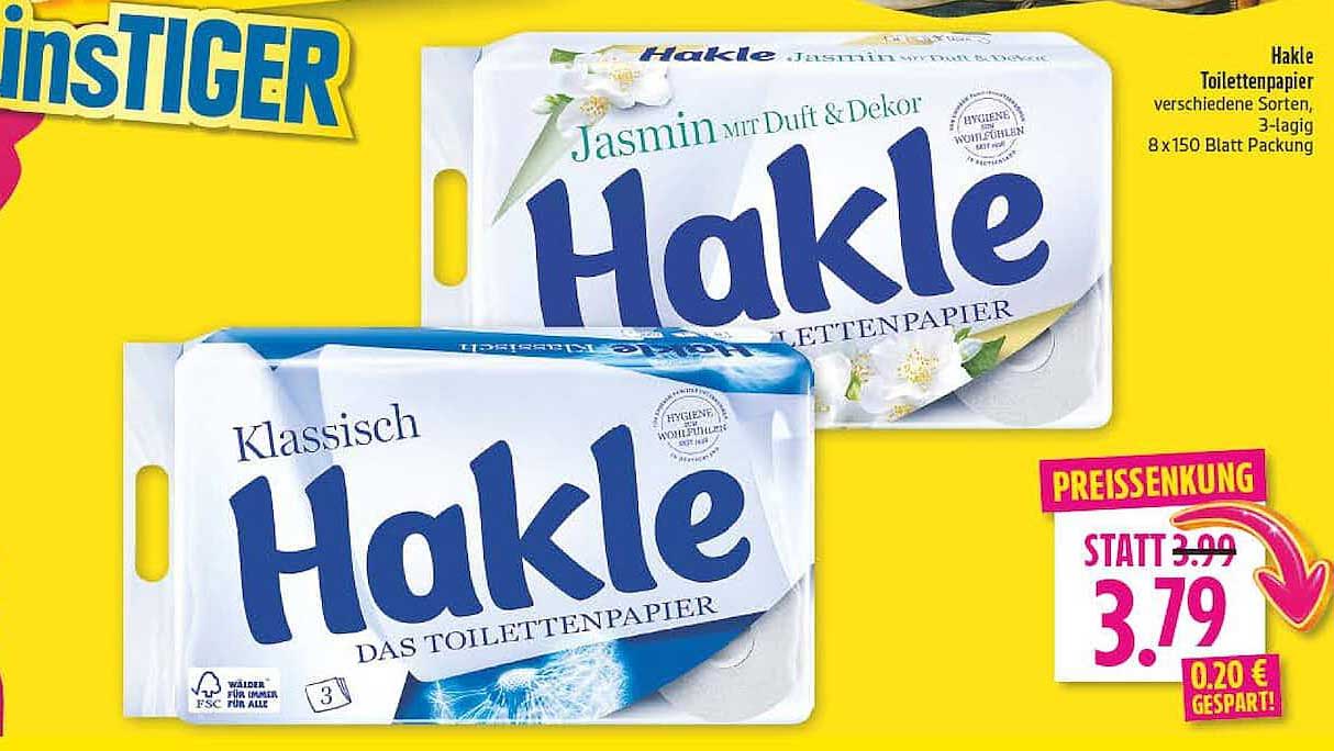 Hakle Toilettenpapier verschiedene Sorten, 3-lagig, 8 x 150 Blatt Packung