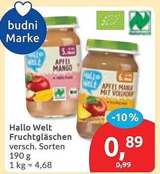 Hallo Welt Fruchtgläschen versch. Sorten 190 g 1 kg = 4,68