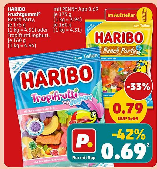 HARIBO Fruchtgummi Beach Party, je 175 g (1 kg = 4.51) oder Tropifrutti Joghurt, je 160 g (1 kg = 4.94)