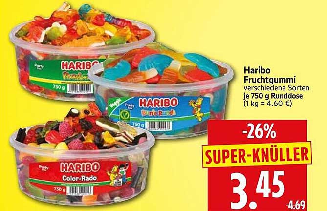 Haribo Fruchtgummi verschiedene Sorten je 750 g Runddose (1 kg = 4.60 €)