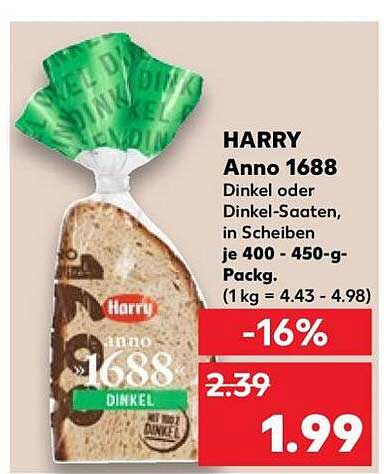 HARRY Anno 1688 Dinkel oder Dinkel-Saaten, in Scheiben je 400 - 450-g-Packg. (1 kg = 4.43 - 4.98)