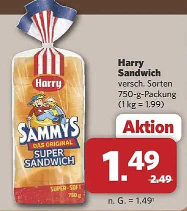 Harry Sandwich versch. Sorten 750-g-Packung (1 kg = 1.99)