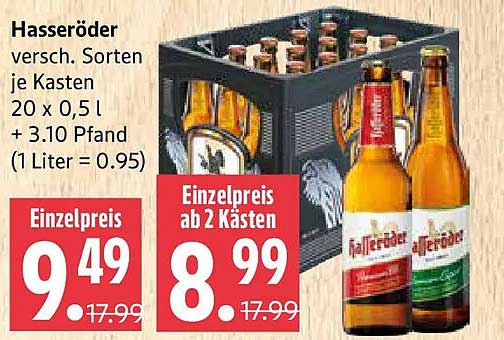 Hasseröder versch. Sorten je Kasten 20 x 0,5 l + 3.10 Pfand (1 Liter = 0.95)
