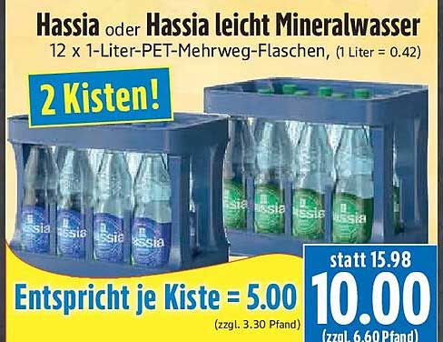 Hassia oder Hassia leicht Mineralwasser 12 x 1-Liter-PET-Mehrweg-Flaschen, (1 Liter = 0.42)