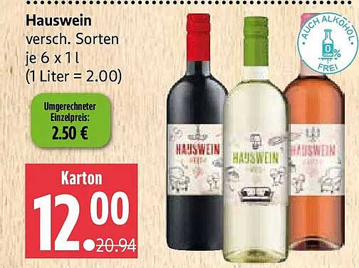 Hauswein versch. Sorten je 6 x 1 l (1 Liter = 2.00)