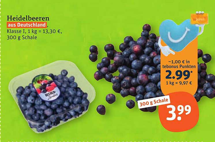 Heidelbeeren aus Deutschland, Klasse I, 1 kg = 13,30 €, 300 g Schale