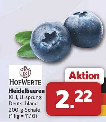 Heidelbeeren Kl. I, Ursprung: Deutschland 200-g-Schale (1 kg = 11.10)