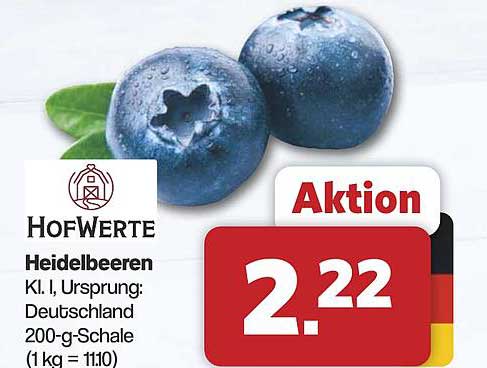 Heidelbeeren Kl. I, Ursprung: Deutschland 200-g-Schale (1 kg = 11,10)