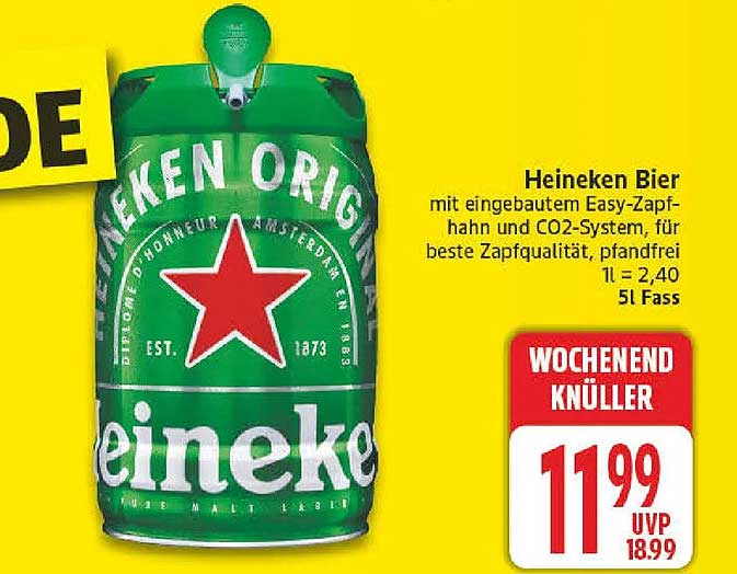 Heineken Bier mit eingebautem Easy-Zapfhahn und CO2-System, für beste Zapfqualität, pfandfrei 1l = 2,40 5l Fass