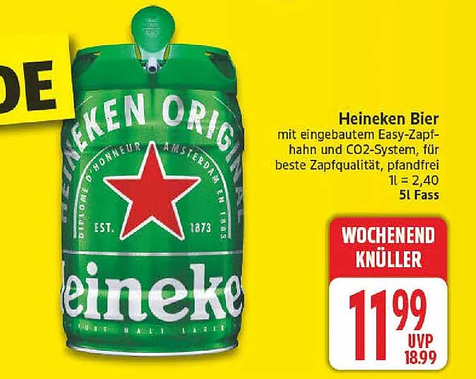 Heineken Bier mit eingebautem Easy-Zapfhahn und CO2-System, für beste Zapfqualität, pfandfrei 1l = 2,40 5l Fass