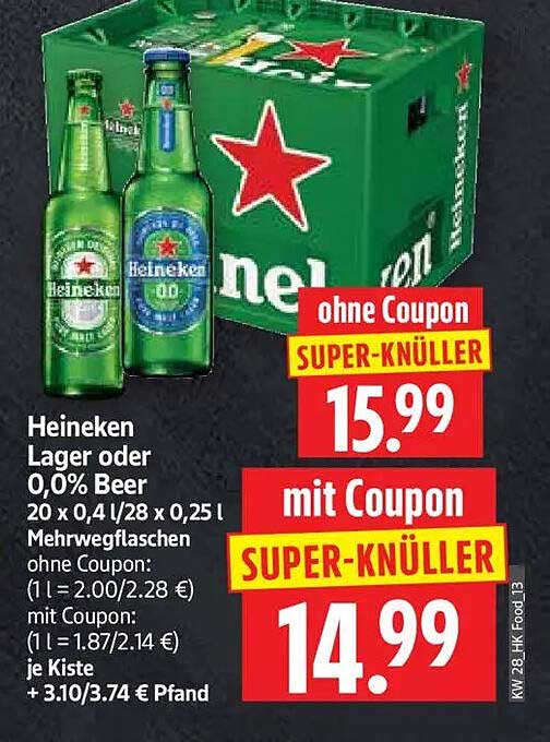 Heineken Lager oder 0,0% Beer 20 x 0,4 l/28 x 0,25 l Mehrwegflaschen