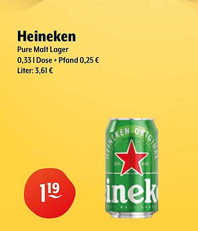 Heineken Pure Malt Lager 0,33 l Dose + Pfand 0,25 € Liter: 3,6 l €