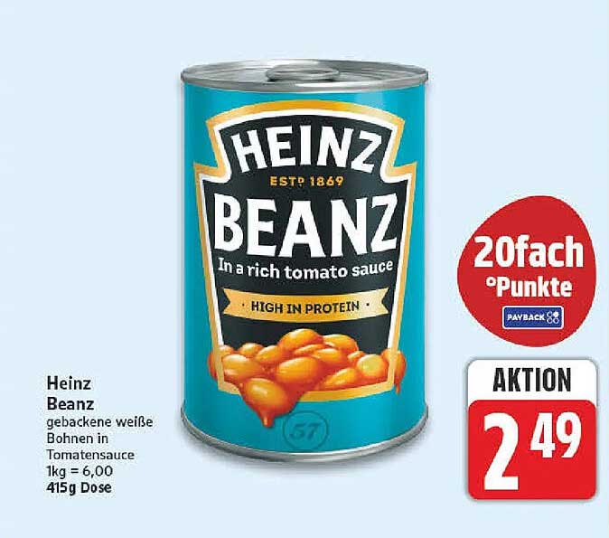 Heinz Beanz gebackene weiße Bohnen in Tomatensauce 1kg = 6,00 415g Dose