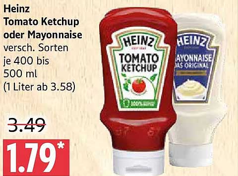 Heinz Tomato Ketchup oder Mayonnaise versch. Sorten je 400 bis 500 ml (1 Liter ab 3.58)