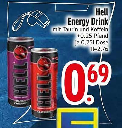 Hell Energy Drink mit Taurin und Koffein +0.25 Pfand je 0,25l Dose 1l=2.76