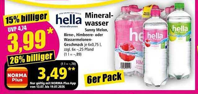 hella Mineralwasser Sunny Melon, Birne-, Himbeer- oder Wassermelonen-Geschmack je 6x0,75 l, zzgl. 6x 0,25 Pfand
