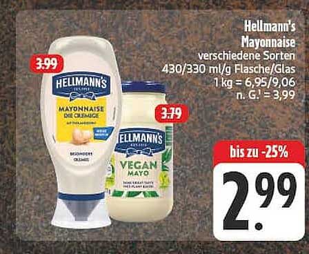Hellmann's Mayonnaise verschiedene Sorten 430/330 ml/G Flasche/Glas 1 kg = 6,95/9,06 n. G. = 3,99