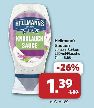 Hellmann’s Saucen versch. Sorten 250-ml-Flasche (1 l = 5.56)