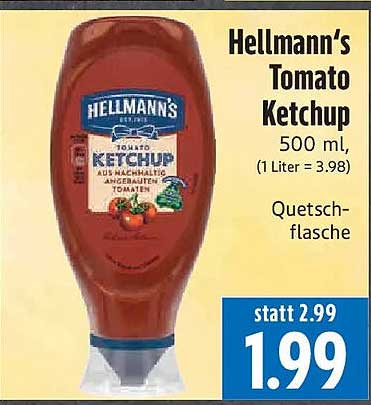 Hellmann's Tomato Ketchup 500 ml, (1 Liter = 3.98) Quetschflasche
