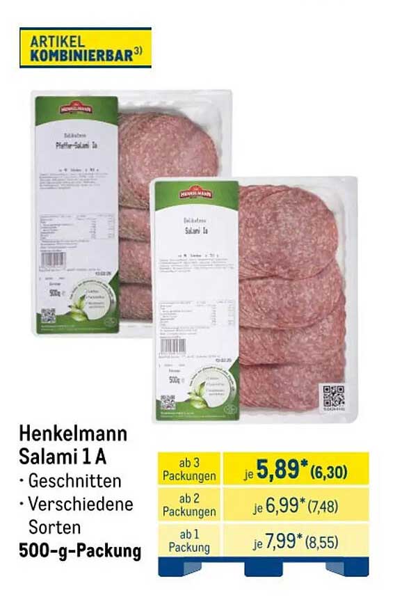 Henkelmann Salami 1 A - Geschnitten - Verschiedene Sorten 500-g-Packung