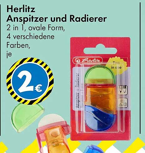 Herlitz Anspitzer und Radierer 2 in 1, ovale Form, 4 verschiedene Farben, je