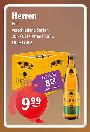 Herren Bier verschiedene Sorten 20 x 0,5 l + Pfand 3,10 €