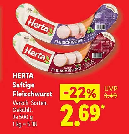 HERTA Saftige Fleischwurst Versch. Sorten. Gekühlt. Je 500 g 1 kg = 5.38