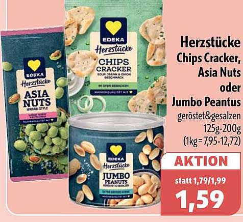 Herzstücke Chips Cracker, Asia Nuts oder Jumbo Peanuts geröstet & gesalzen 125g-200g (1kg=7,95-12,72)