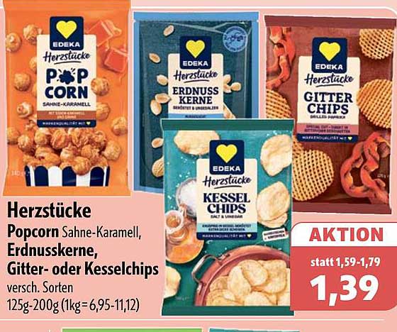 Herzstücke Popcorn Sahne-Karamell, Erdnusskerne, Gitter- oder Kesselchips versch. Sorten 125g-200g (1kg=6,95-11,12)