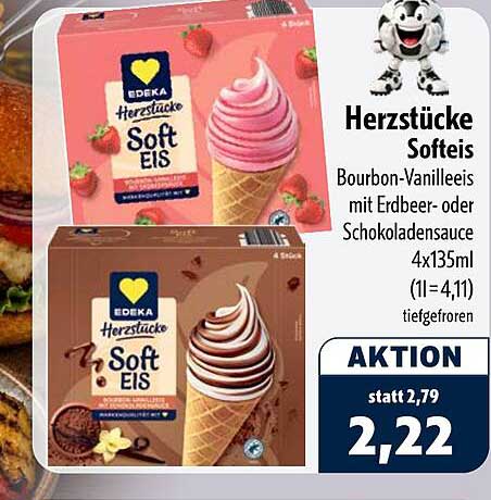 Herzstücke Softeis Bourbon-Vanilleis mit Erdbeer- oder Schokoladensauce 4x135ml (1l=4,11) tiefgefroren