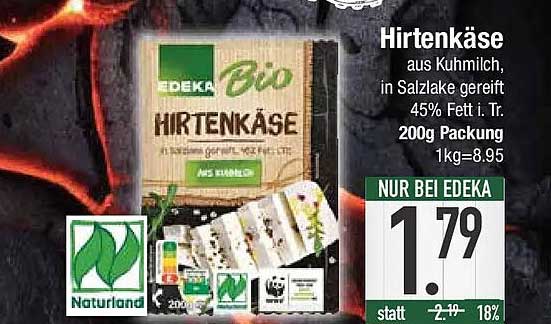 Hirtenkäse aus Kuhmilch, in Salzlake gereift 45% Fett i. Tr. 200g Packung 1kg=8,95