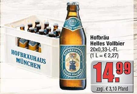 Hofbräu Helles Vollbier 20x0,33-L-Fl. (1 L = € 2,27)