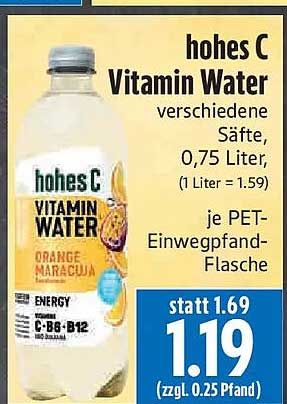 hohes C Vitamin Water verschiedene Säfte, 0,75 Liter, (1 Liter = 1.59) je PET-Einwegpfand-Flasche