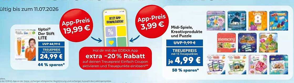 Hol dir mit der EDEKA App extra -20% Rabatt auf deinen Treuepreis! Einfach Coupon aktivieren und Treuepunkte einlösen!