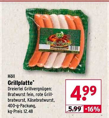 Höll Grillplatte* Dreierlei Grillvergnügen: Bratwurst fein, rote Grillbratwurst, Käsebratwurst, 400-g-Packung, kg-Preis 12.48
