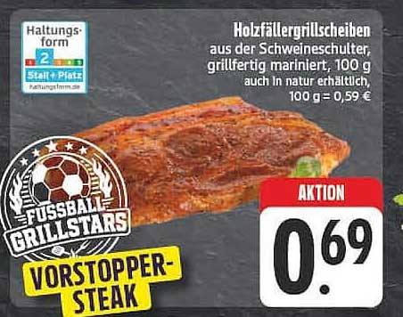 Holzfällergrillscheiben aus der Schweineschulter, grillfertig mariniert, 100 g auch in Natur erhältlich
