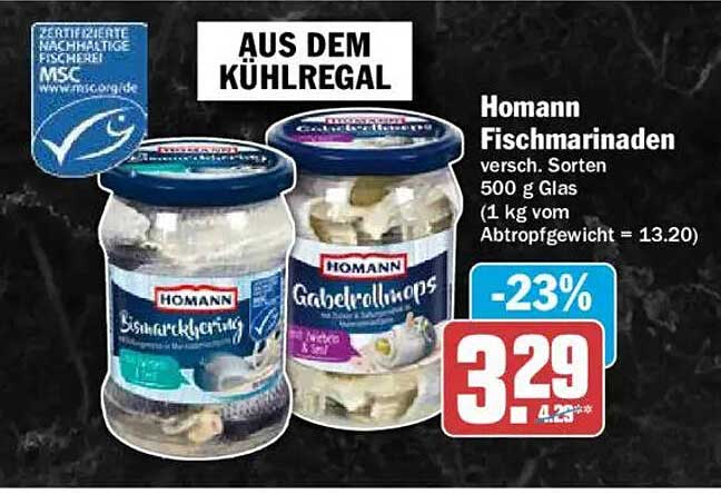 Homann Fischmarinaden versch. Sorten 500 g Glas (1 kg vom Abtropfgewicht = 13.20)