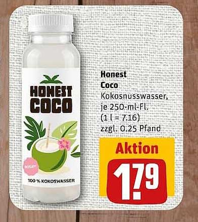 Honest Coco Kokosnusswasser, je 250-ml-Fl. (1 l = 7,16) zzgl. 0,25 Pfand