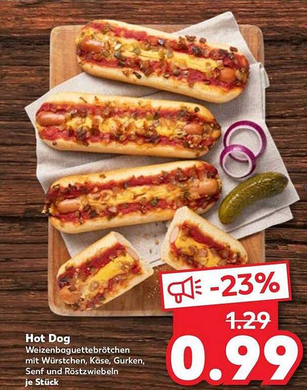 Hot Dog Weizenbaguettebrötchen mit Würstchen, Käse, Gurken, Senf und Röstzwiebeln je Stück