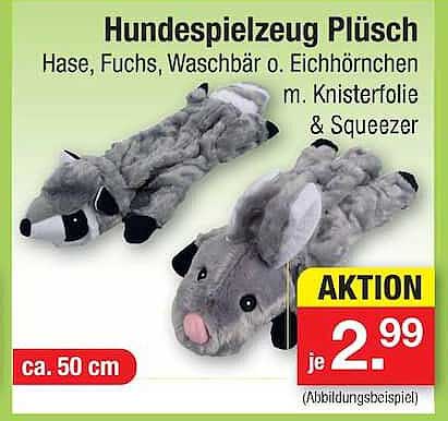 Hundespielzeug Plüsch Hase, Fuchs, Waschbär o. Eichhörnchen m. Knisterfolie & Squeezer