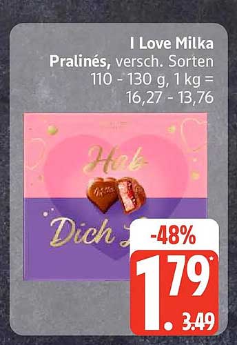 I Love Milka Pralinés, versch. Sorten