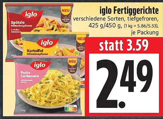 iglo Fertiggerichte verschiedene Sorten, tiefgekoren, 425 g/450 g, (1 kg = 5.86/5.53), je Packung