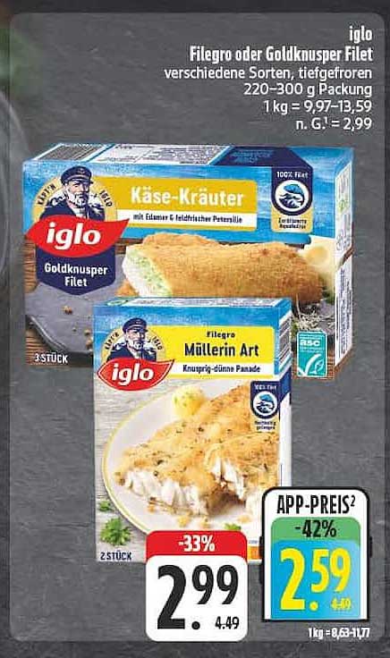 iglo Filegro oder Goldknusper Filet verschiedene Sorten, tiefgefroren