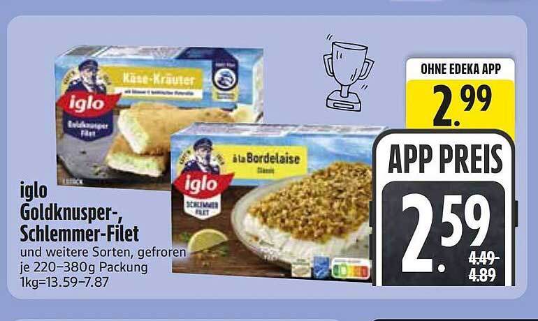 iglo Goldknusper-Schlemmer-Filet und weitere Sorten, gefroren je 220–380g Packung 1kg=13.59–7.87