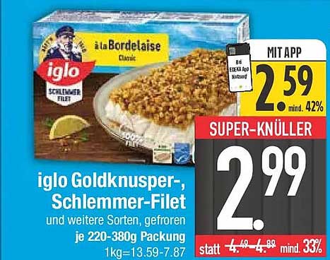 iglo Goldknusper-, Schlemmer-Filet und weitere Sorten, gefroren je 220-380g Packung 1kg=13.59-7.87