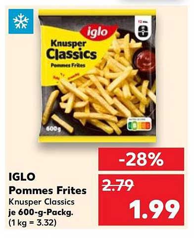 IGLO Pommes Frites Knusper Classics je 600-g-Packg. (1 kg = 3.32)