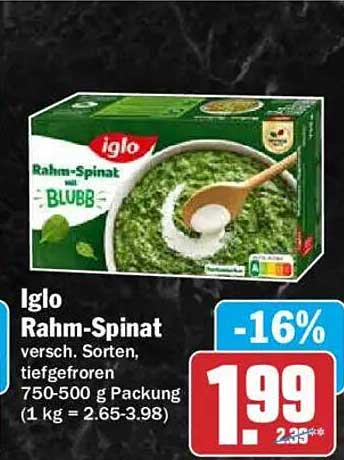 Iglo Rahm-Spinat versch. Sorten, tiefgefroren 750-500 g Packung (1 kg = 2.65-3.98)