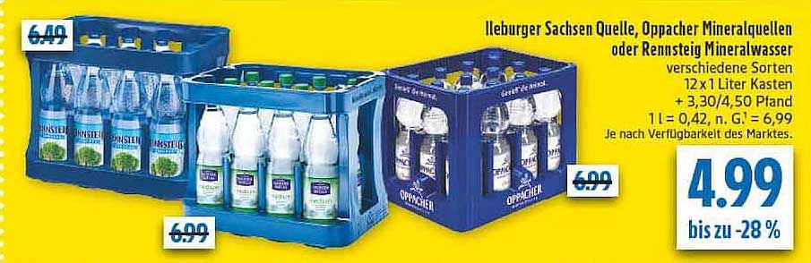 Ilburger Sachsen Quelle, Oppacher Mineralquellen oder Rennsteig Mineralwasser verschiedene Sorten 12 x 1 Liter Kasten + 3,30/4,50 Pfand