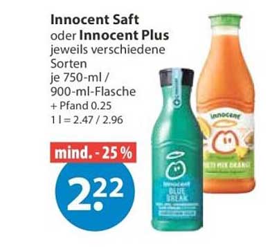 Innocent Saft oder Innocent Plus jeweils verschiedene Sorten je 750-ml / 900-ml-Flasche + Pfand 0.25 1 l = 2.47 / 2.96